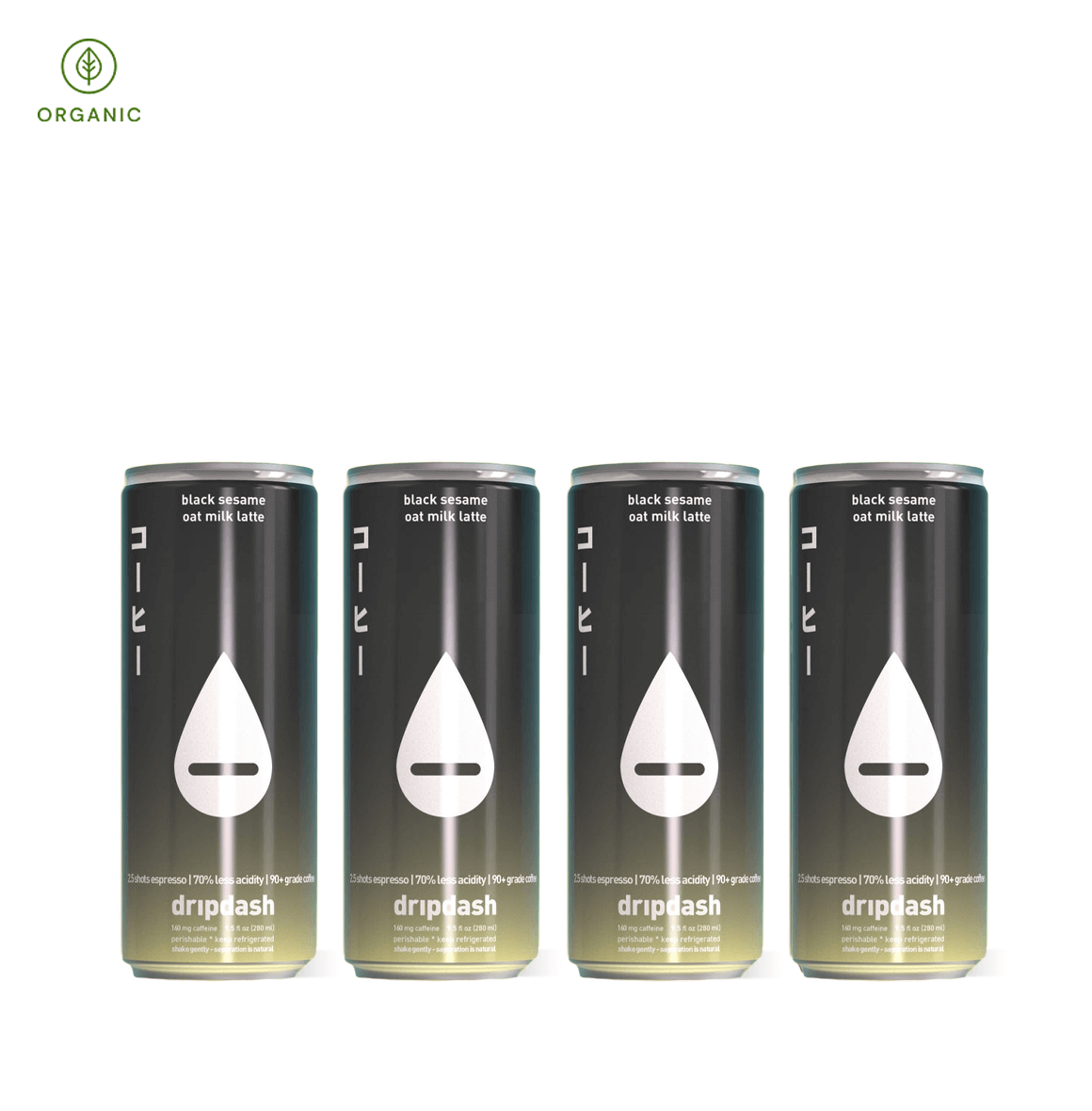 Cans of Dripdash Iced Black Sesame Oat Milk Latte, featuring an organic label.