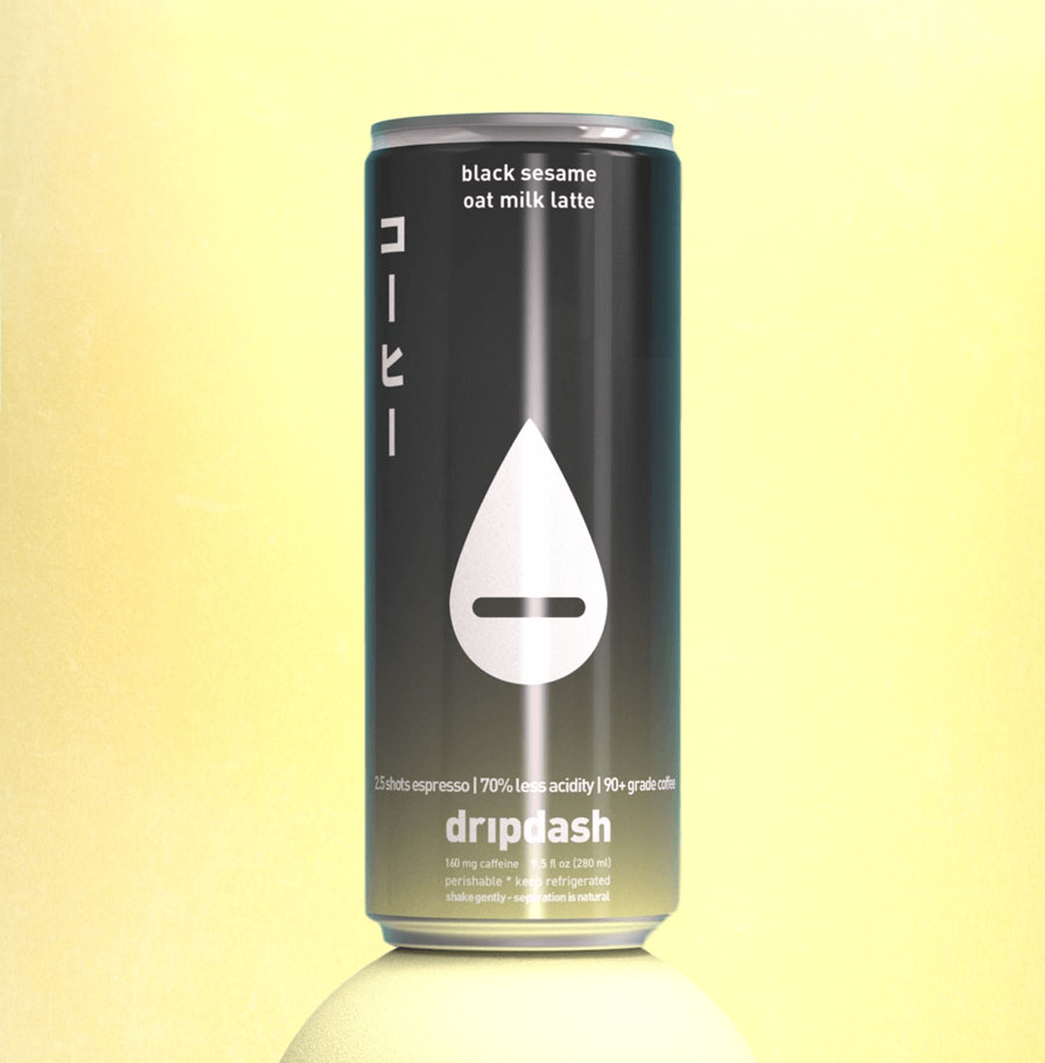 Black Sesame Oat Milk Latte can by Dripdash against a soft yellow background.