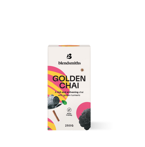 Golden Chai Blend packaging with turmeric and spices, 250g box by Blendsmiths, vegan-friendly design.