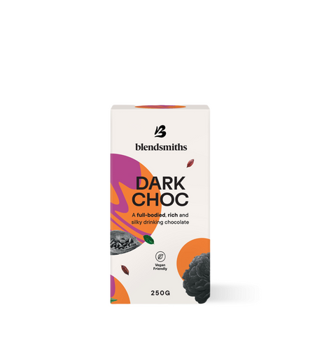 Dark Choc Blend packaging showcasing rich Ivory Coast cocoa drinking chocolate, ethically sourced and vegan-friendly, 250g.