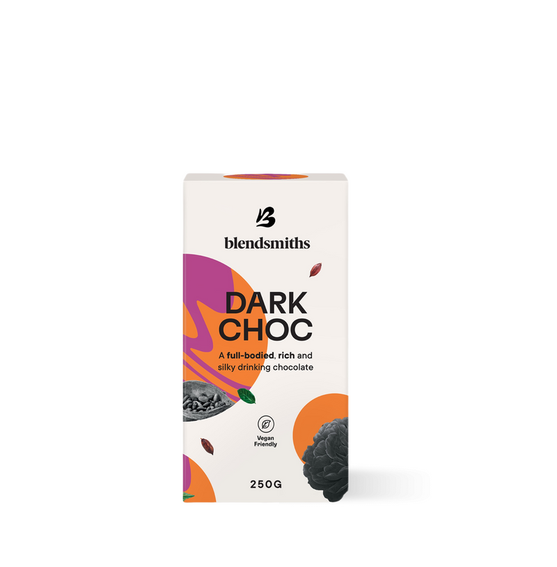 Dark Choc Blend packaging showcasing rich Ivory Coast cocoa drinking chocolate, ethically sourced and vegan-friendly, 250g.