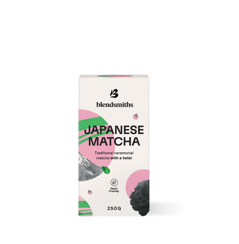 Box of Japanese Matcha Blend with coconut sugar, 250g, for a smooth latte experience.