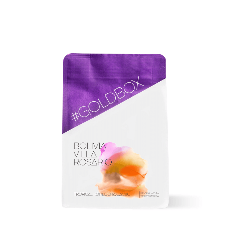 Bolivia Villa Rosario Specialty Coffee bag with purple top and vibrant colors, showcasing premium coffee from Bolivia.