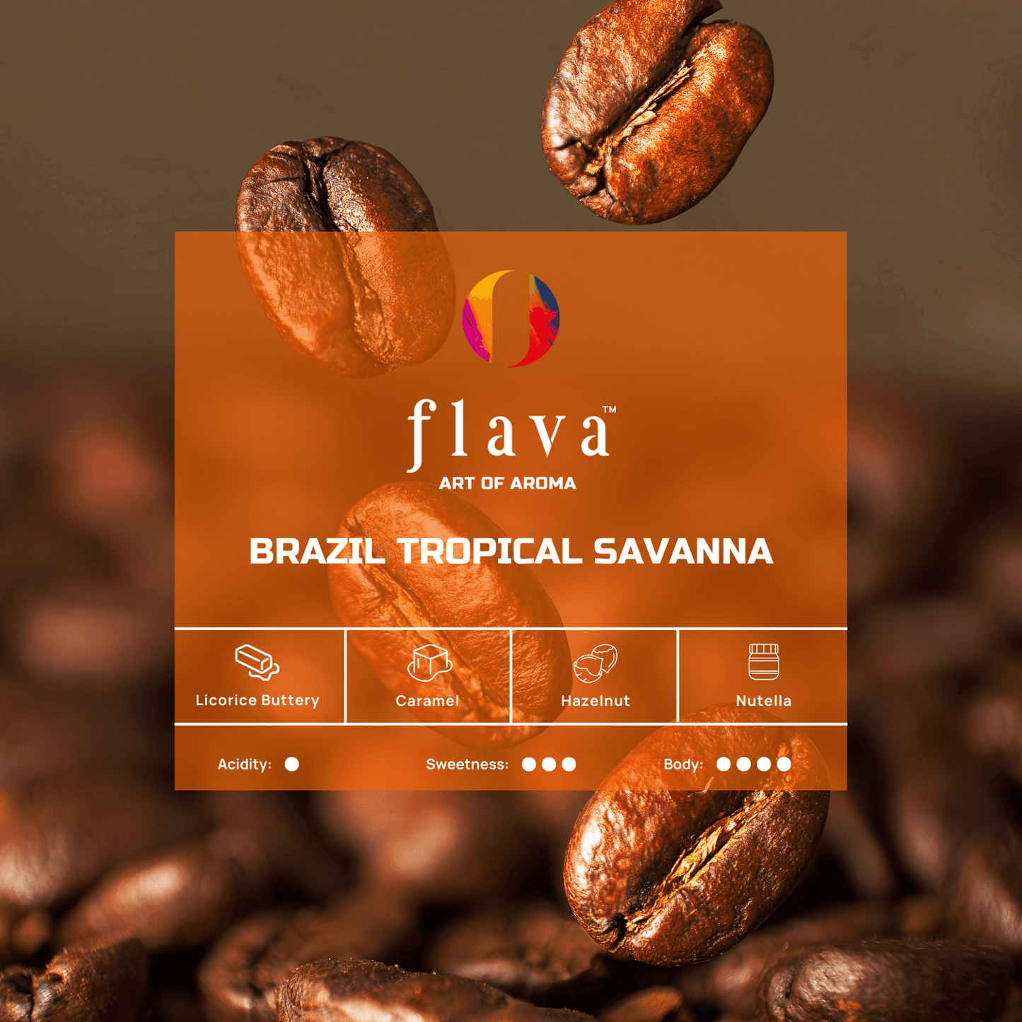 Brazil Tropical Savanna Single Origin Coffee beans with flavor notes of caramel, hazelnut, and nutella by Flava Coffee.