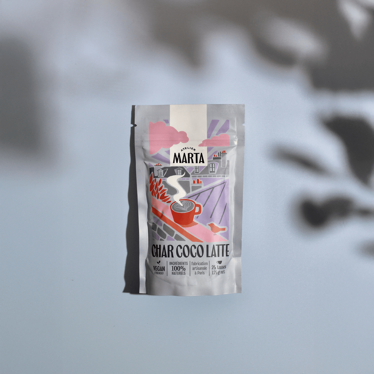 Char-coco Latte packaging from Atelier Marta, featuring organic ingredients and a rich beverage experience.