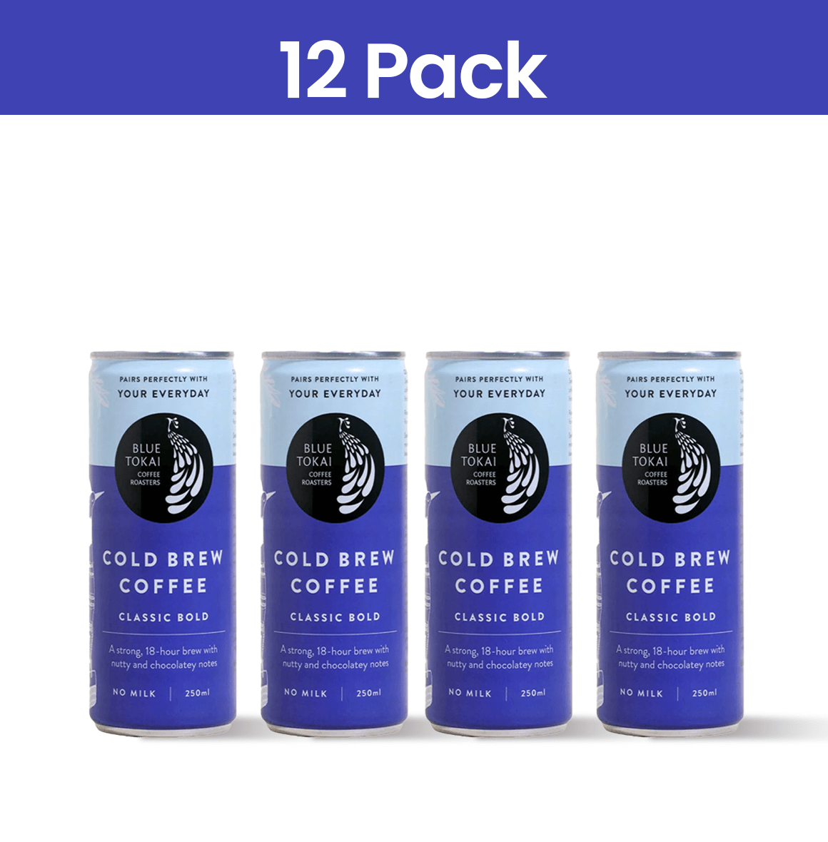 Cans of Blue Tokai Cold Brew Bold, a full-bodied coffee with nutty and chocolatey notes, perfect served black or with milk.