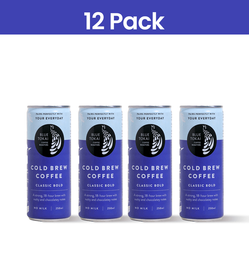 Cans of Blue Tokai Cold Brew Bold, a full-bodied coffee with nutty and chocolatey notes, perfect served black or with milk.