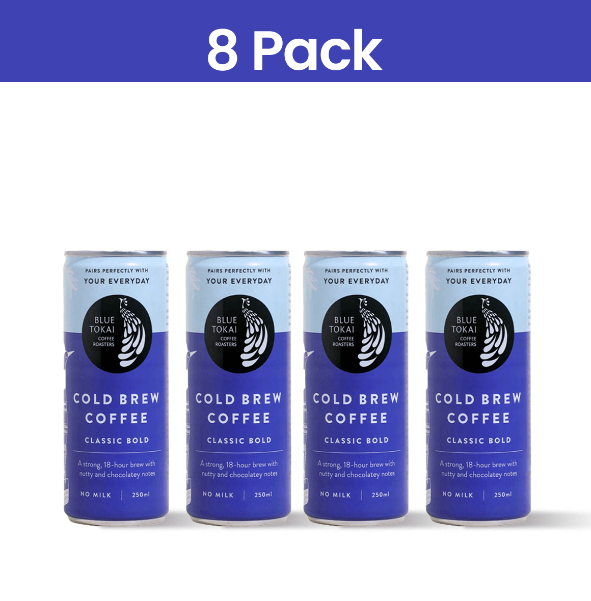 Cans of Blue Tokai Cold Brew Bold, a full-bodied coffee with nutty and chocolatey notes, perfect served black or with milk.