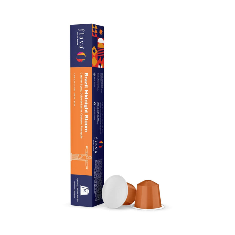 Brazil Midnight Bloom Single Origin Capsules in Nespresso-compatible format featuring premium Brazilian coffee beans.