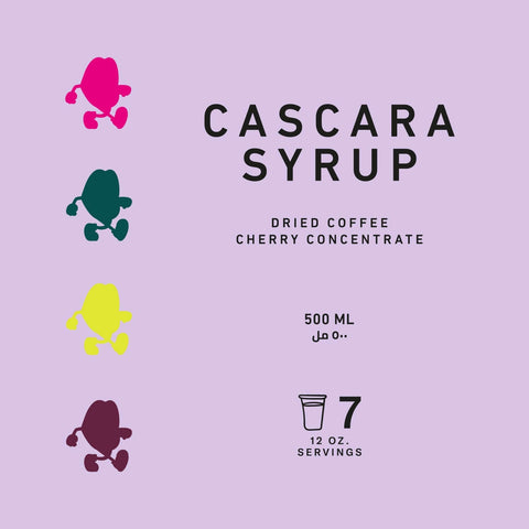 Cascara Syrup 500ml label showing colorful design and serving details