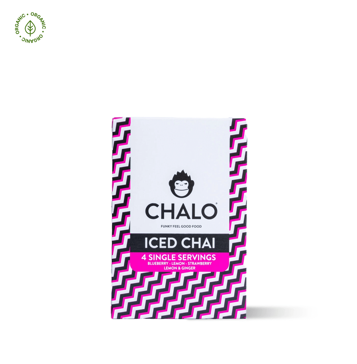 Chalo Iced Chai Discovery Box, featuring 4 fruity iced chai blends, made with natural ingredients and unrefined jaggery.