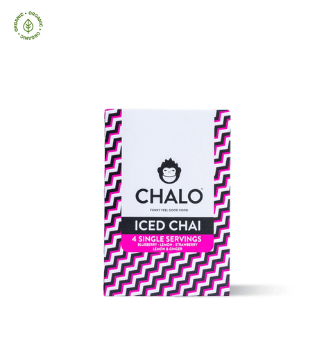 Chalo Iced Chai Discovery Box, featuring 4 fruity iced chai blends, made with natural ingredients and unrefined jaggery.