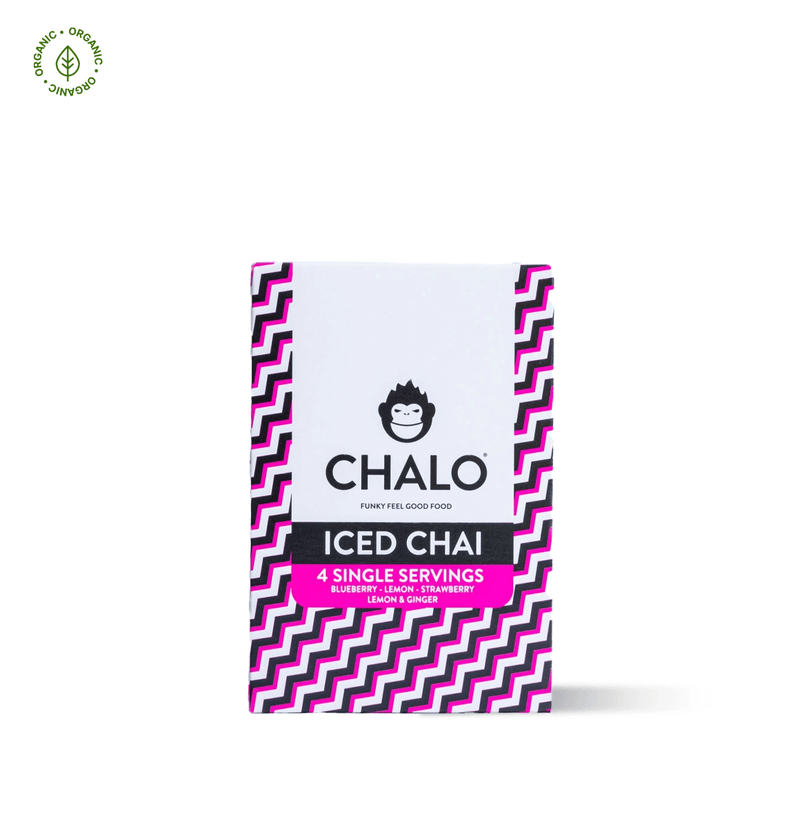 Chalo Iced Chai Discovery Box, featuring 4 fruity iced chai blends, made with natural ingredients and unrefined jaggery.