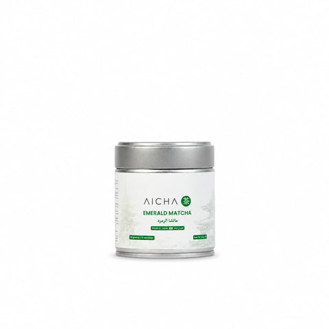 Emerald Matcha ceremonial-grade tea in a premium tin, vibrant green Uji first flush matcha with smooth umami flavor