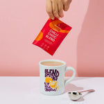 A colorful assortment of Blendsmiths drinking chocolate sachets, featuring Chilli Choc Blend, and more. Each sachet has a modern design with unique color schemes and highlights key attributes such as vegan-friendly and dairy-free.