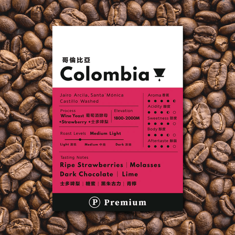 Co-Fermented Specialty Colombian Coffee from SOFE COFFEE featuring ripe strawberries and molasses against coffee beans background.