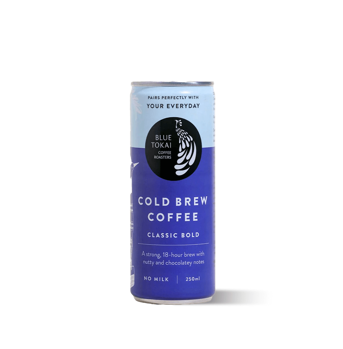 Cans of Blue Tokai Cold Brew Bold, a full-bodied coffee with nutty and chocolatey notes, perfect served black or with milk.