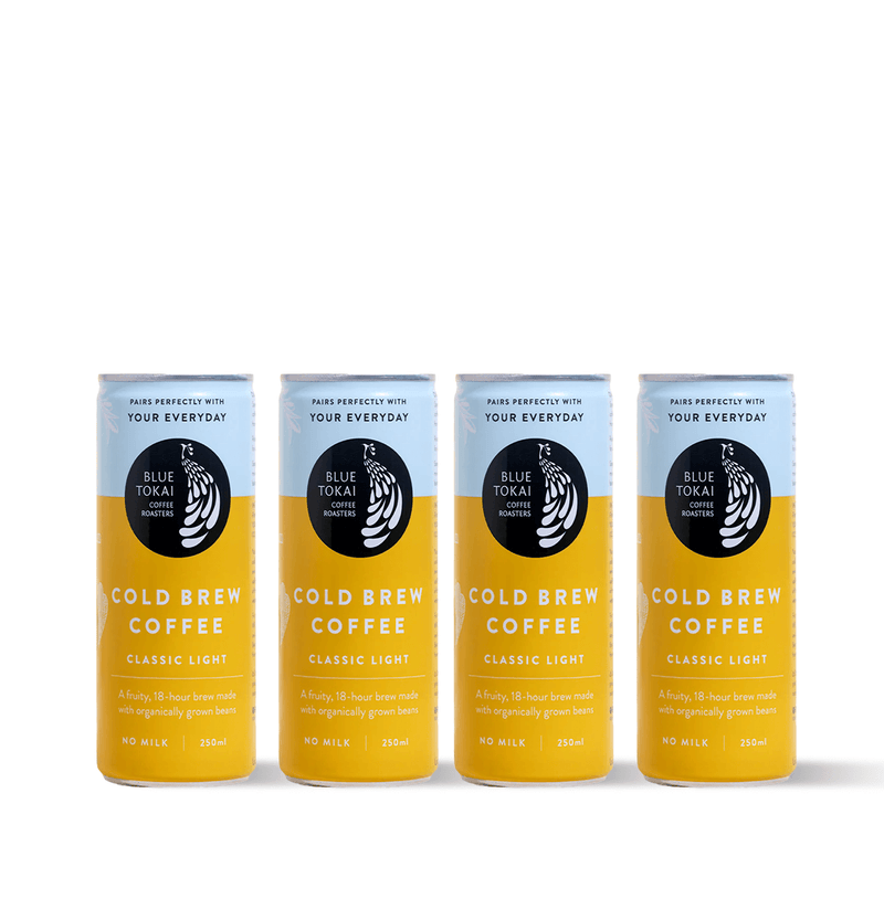 Cans of Blue Tokai Cold Brew Light – fruity, refreshing light roast crafted for black coffee lovers.