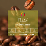 Colombia Decaf Single Origin Coffee by Flava Coffee with rich caramel and cocoa notes, medium roast beans showcasing aroma and flavor.
