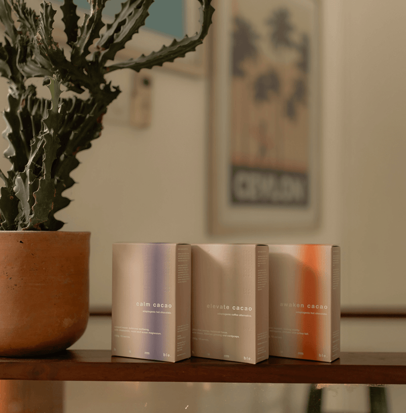 Hummble Calm Cacao, a soothing adaptogenic hot chocolate with chamomile, passionflower, and ocean magnesium, designed to promote relaxation, ease stress, and support restful sleep.