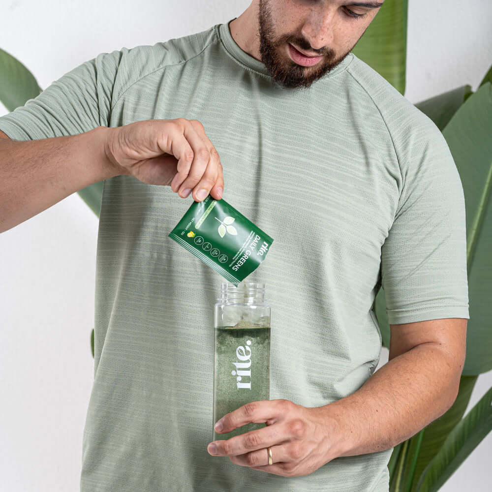 Power your day with RITE. Daily Greens – 30 servings packed with 26 vitamins, 12 superfoods, electrolytes, and pea protein to support energy, immunity, and overall wellness.