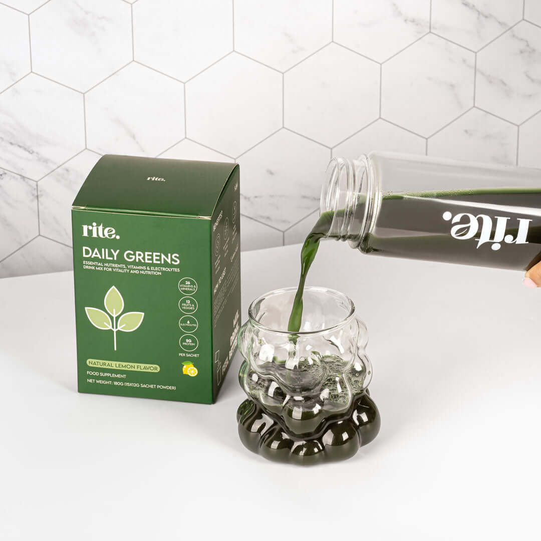 Power your day with RITE. Daily Greens – 30 servings packed with 26 vitamins, 12 superfoods, electrolytes, and pea protein to support energy, immunity, and overall wellness.