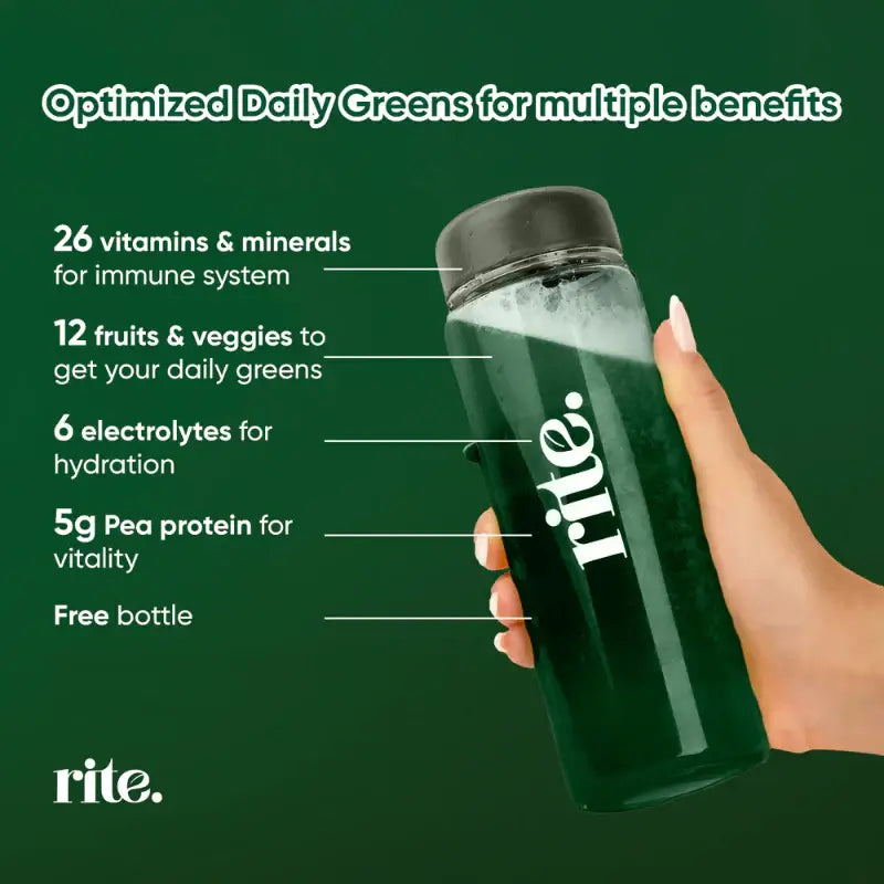 Fuel your health with RITE. Daily Greens – 15 single serves packed with 26 vitamins, 12 superfoods, electrolytes, and pea protein to boost energy, immunity, and focus.