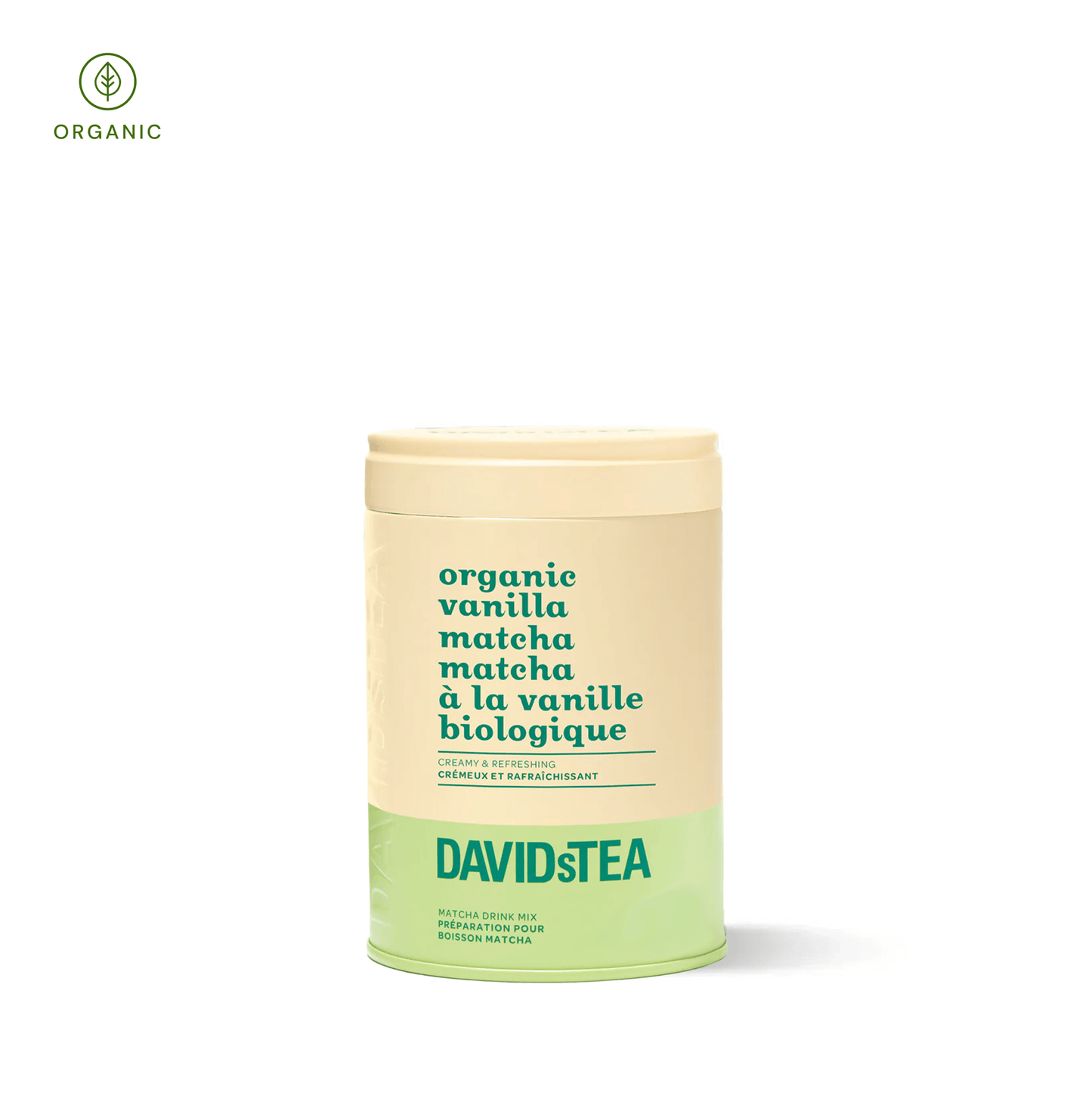 Organic Vanilla Matcha by DAVIDsTEA in a vibrant green powder, made from young Japanese tea leaves and sweet vanilla flavor, perfect for iced lattes, smoothies, or baking recipes.