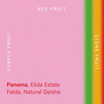 Panama Elida Estate Falda Geisha Natural coffee label with fruit notes.