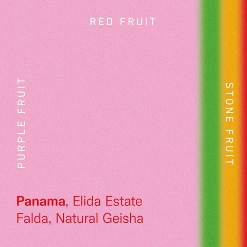 Panama Elida Estate Falda Geisha Natural coffee label with fruit notes.