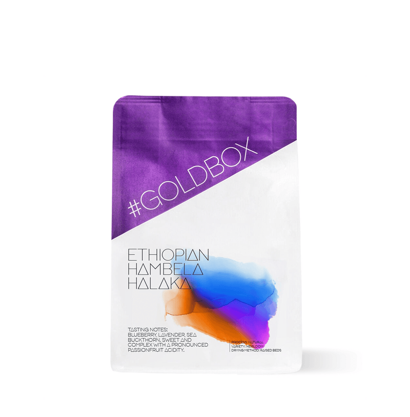 Ethiopia Hambela Halaka Specialty Coffee package with purple and white design