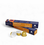 Ethiopia Kercha Single Origin Capsules with box and capsules displaying vibrant Ethiopian design, perfect for espresso machines.