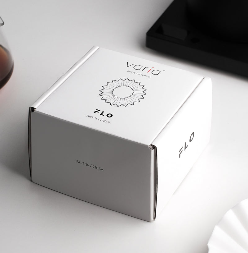 FLO 55 Paper Filters 100x packaging showing Fast 21GSM filter design, ideal for clean brew cups.