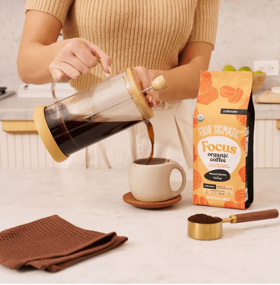 Focus Ground Coffee by Four Sigmatic in clean, modern packaging, made with Arabica beans, Lion’s Mane, and Cordyceps mushrooms, crafted for clean energy, sustained focus, and brain support.