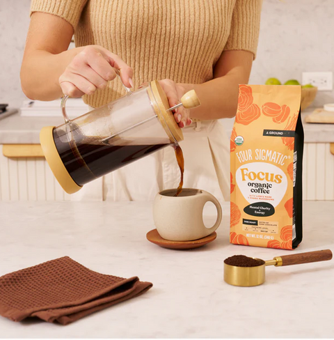 Focus Ground Coffee by Four Sigmatic in clean, modern packaging, made with Arabica beans, Lion’s Mane, and Cordyceps mushrooms, crafted for clean energy, sustained focus, and brain support.