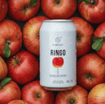 Ringo Sparkling Water can surrounded by fresh Fuji apples from Aomori, Japan, showcasing natural and crisp refreshment.