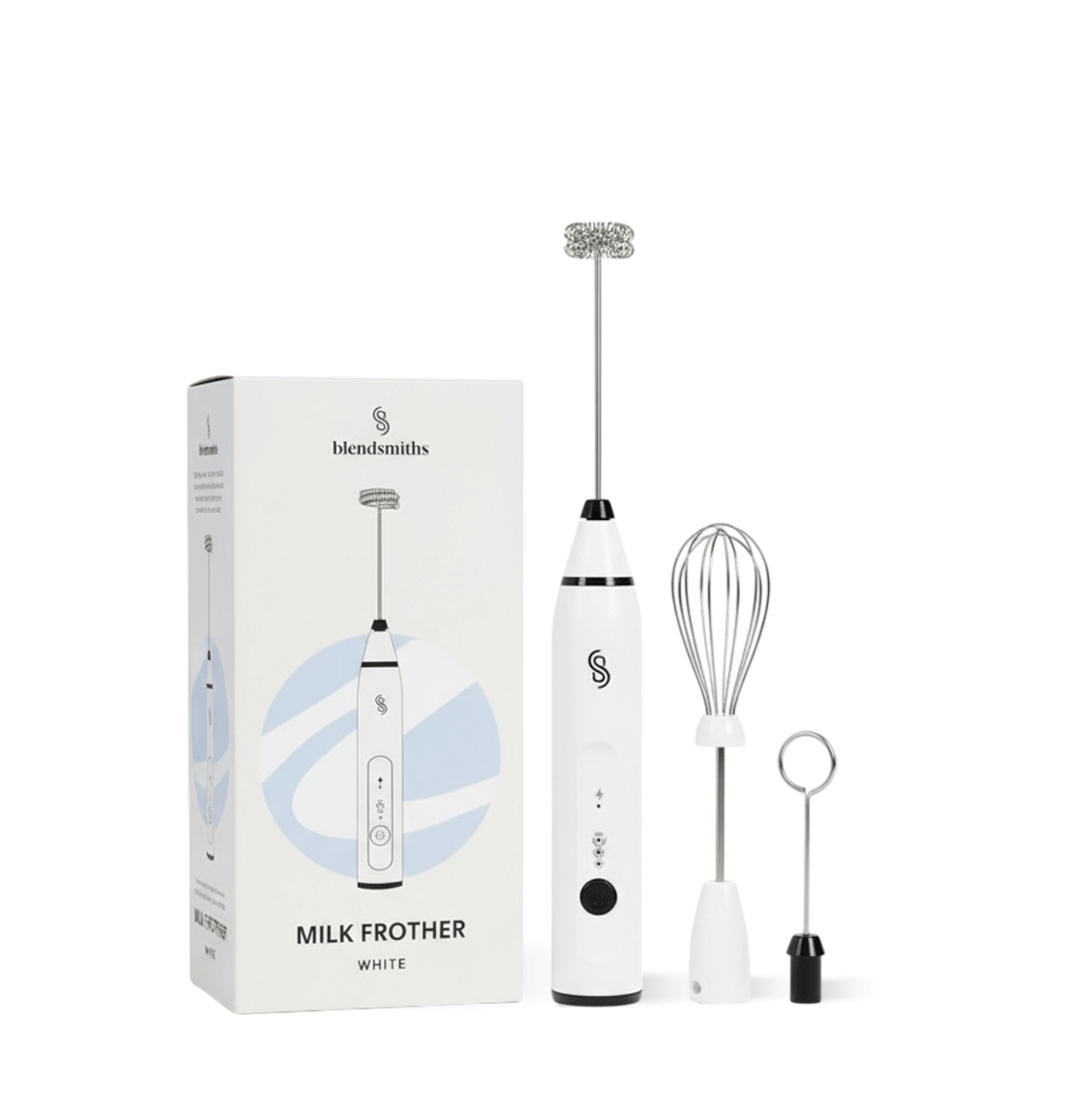 Blendsmiths Handheld Milk Frother with attachments and packaging box.
