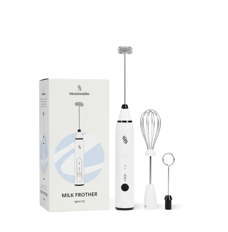 Blendsmiths Handheld Milk Frother with attachments and packaging box.