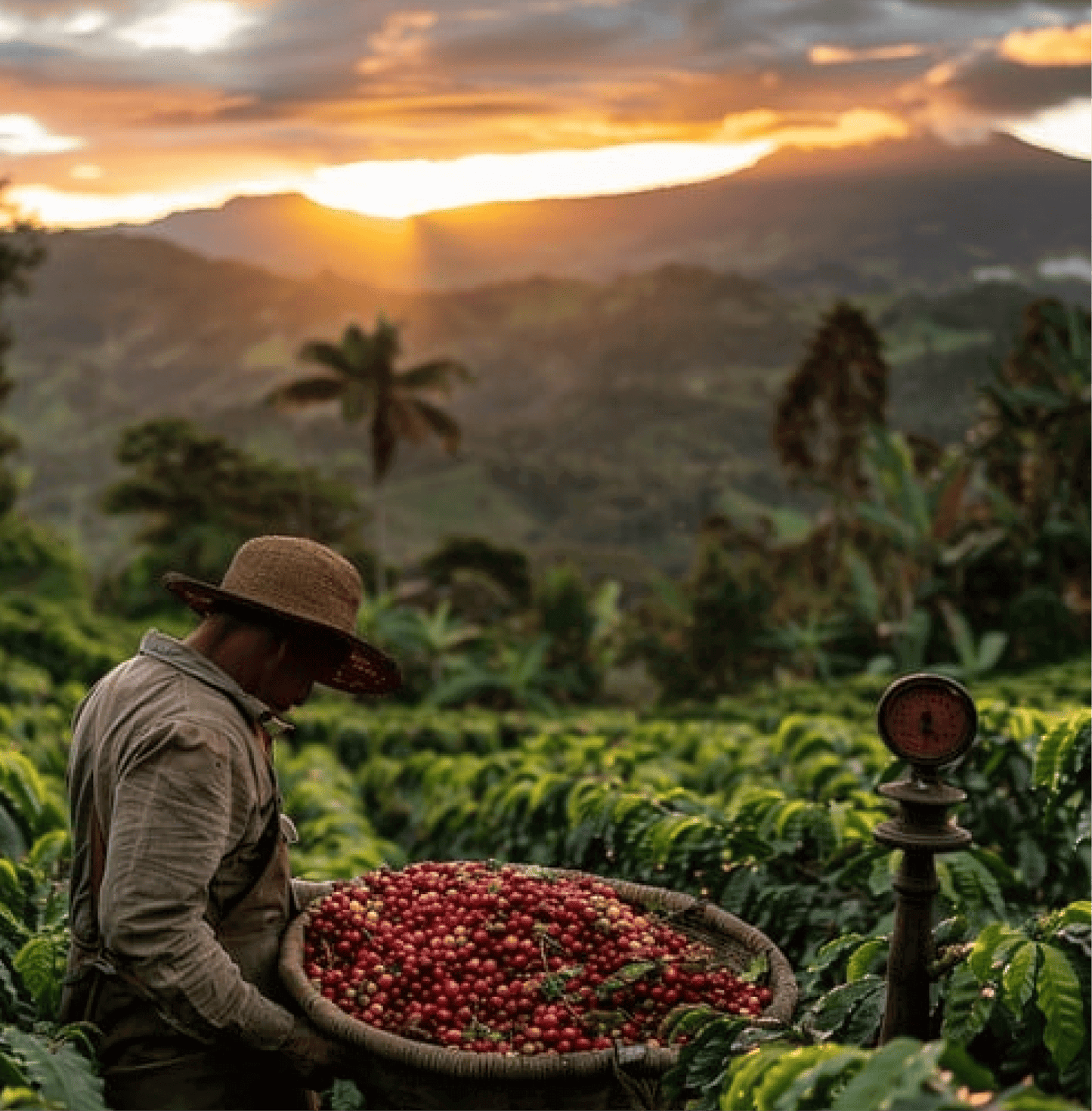 Farmer harvesting cherries for Indonesia Team Pegasing Carbonic Specialty Coffee at sunrise on a lush farm.