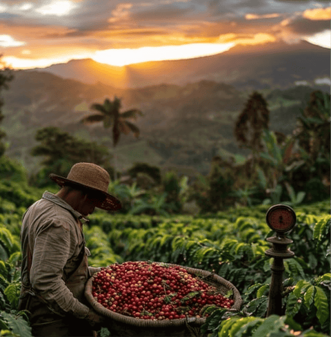 Farmer harvesting cherries for Indonesia Team Pegasing Carbonic Specialty Coffee at sunrise on a lush farm.