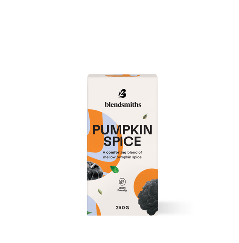 Pumpkin Spice Blend packaging featuring comforting blend description and vegan-friendly label, 250g box.