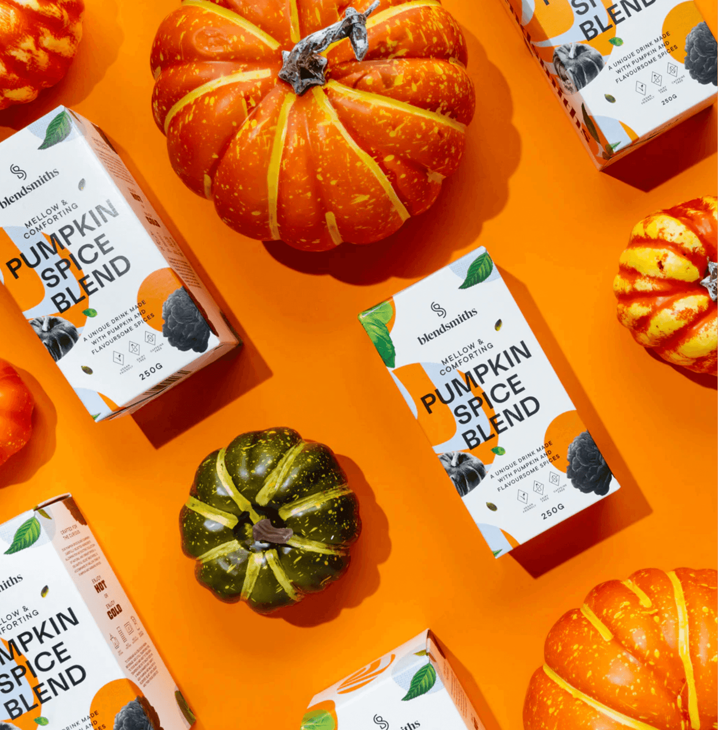Pumpkin Spice Blend packages arranged with decorative pumpkins on an orange background, highlighting warm, authentic flavors.