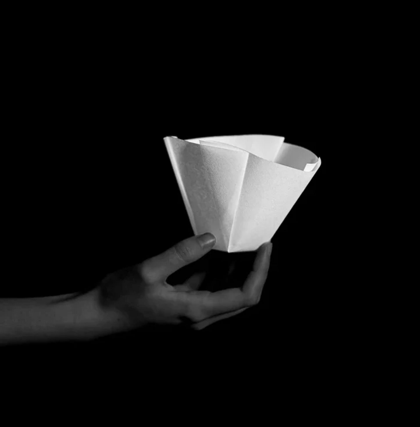 Hand holding Sibarist B3 Flat Coffee Filter Paper against black background