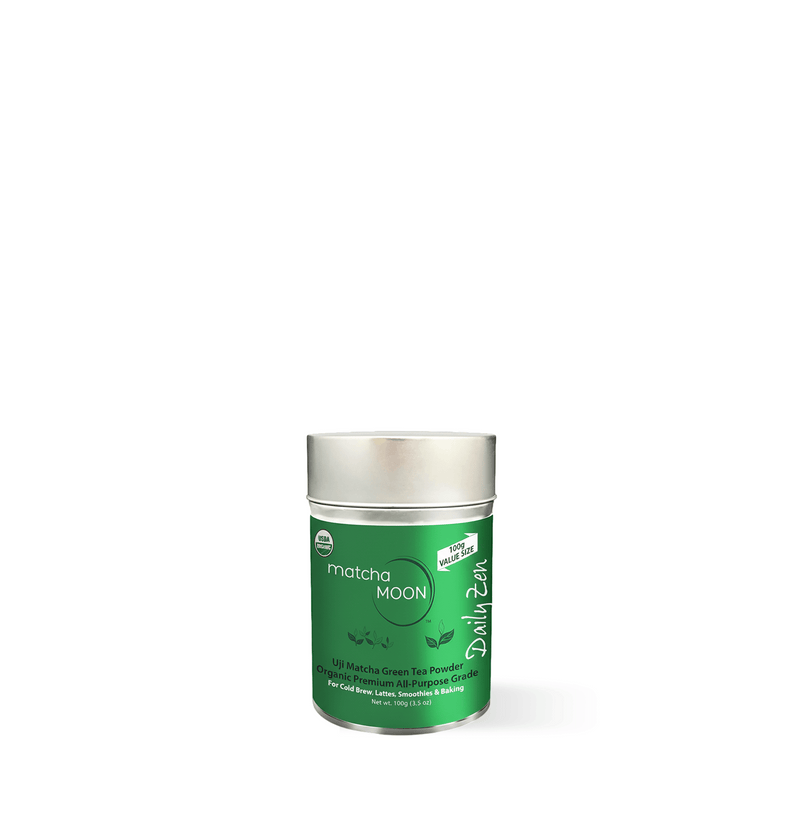 Daily Zen - Japanese Matcha Green Tea Powder in silver tin, organic shade-grown, suitable for tea, lattes, smoothies, and baking.