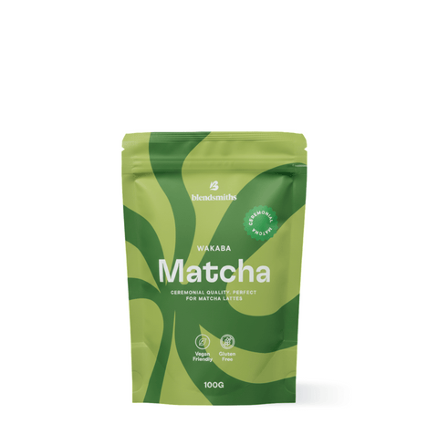Wakaba Ceremonial Matcha package, premium ceremonial-grade matcha, vibrant green design, 100g bag