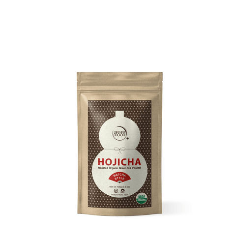 Wakoucha Organic Hojicha Black Tea Powder package, showcasing roasted green tea powder with a smoky aroma and fine texture.