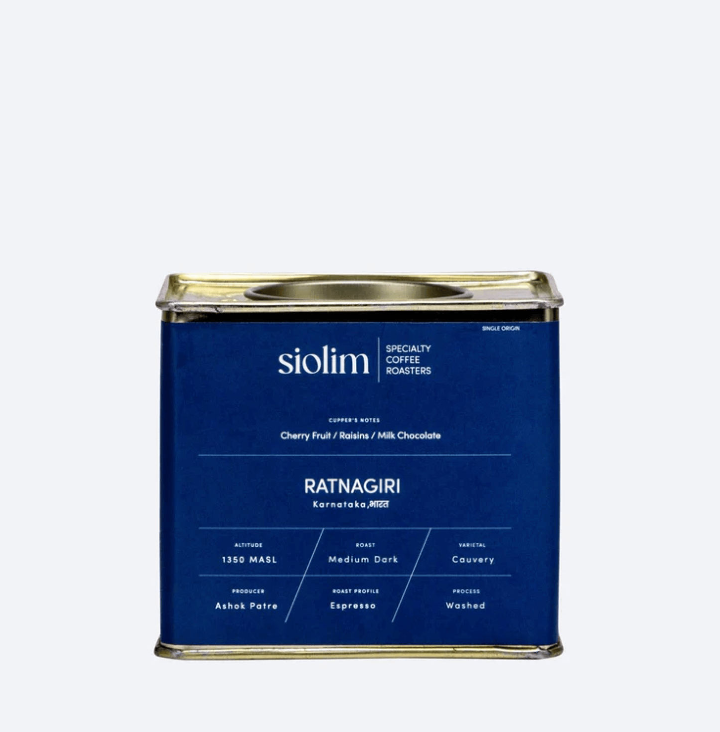Ratnagiri Washed Single Origin coffee tin from Siolim Coffee, featuring premium Arabica beans from Karnataka's Western Ghats.