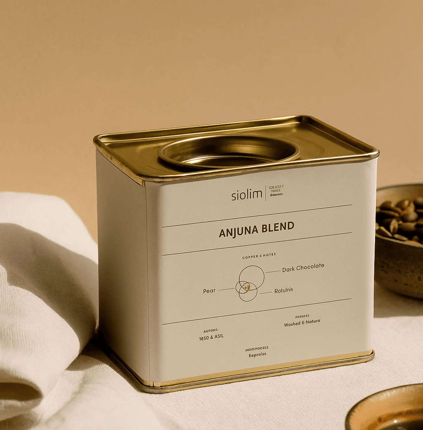 Anjuna Blend coffee by Siolim in a stylish tin, showcasing medium dark roast for espresso with notes of chocolate, raisins, and pear.