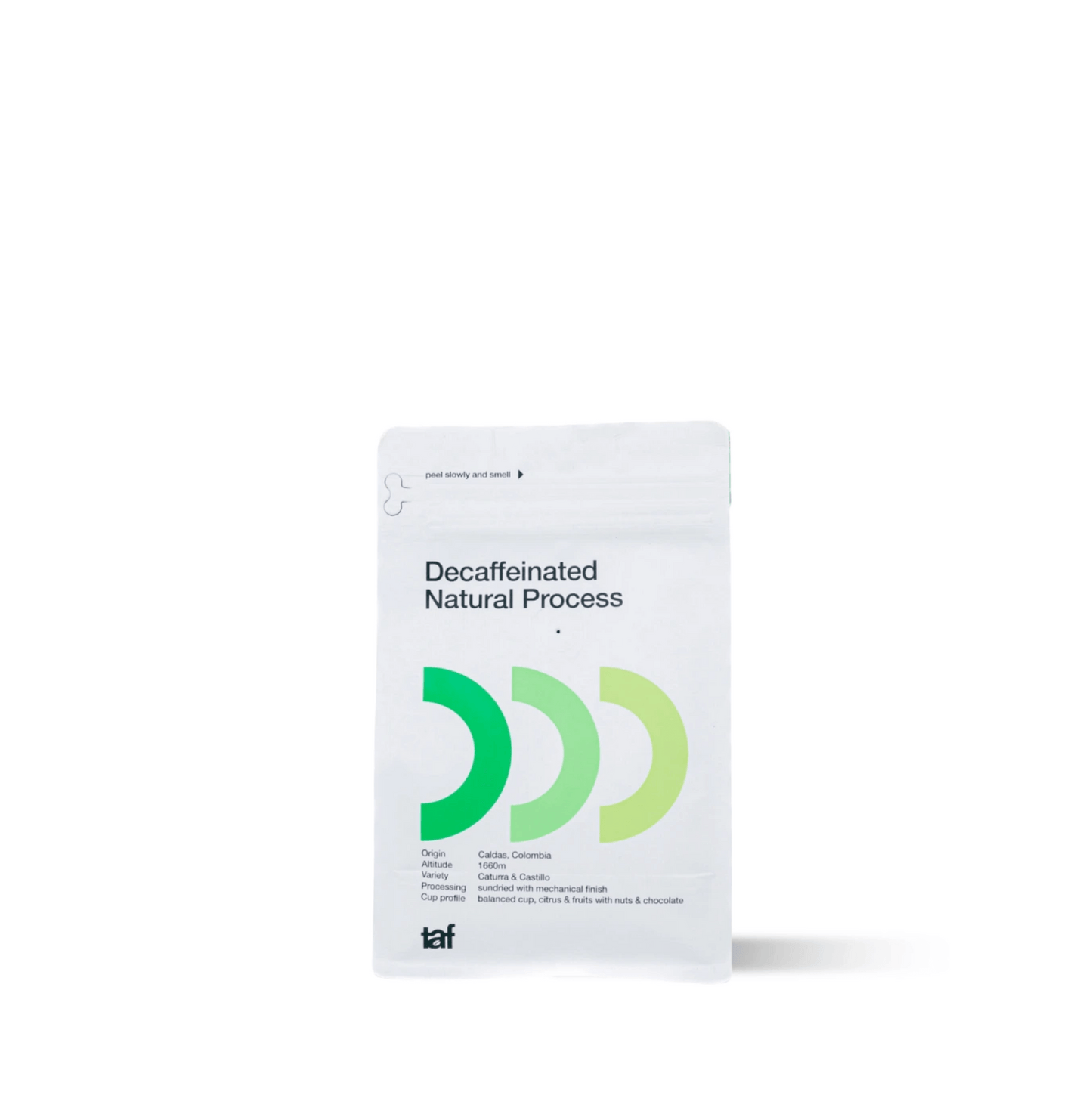 Decaffeinated Natural Process coffee bag with rich flavor and aroma, smooth, balanced, and full-bodied for any time of day.