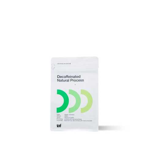 Decaffeinated Natural Process coffee bag with rich flavor and aroma, smooth, balanced, and full-bodied for any time of day.